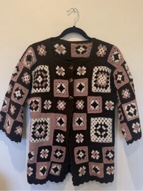 Vintage Granny Square Crochet Cardigan | Brown  Boho Knit